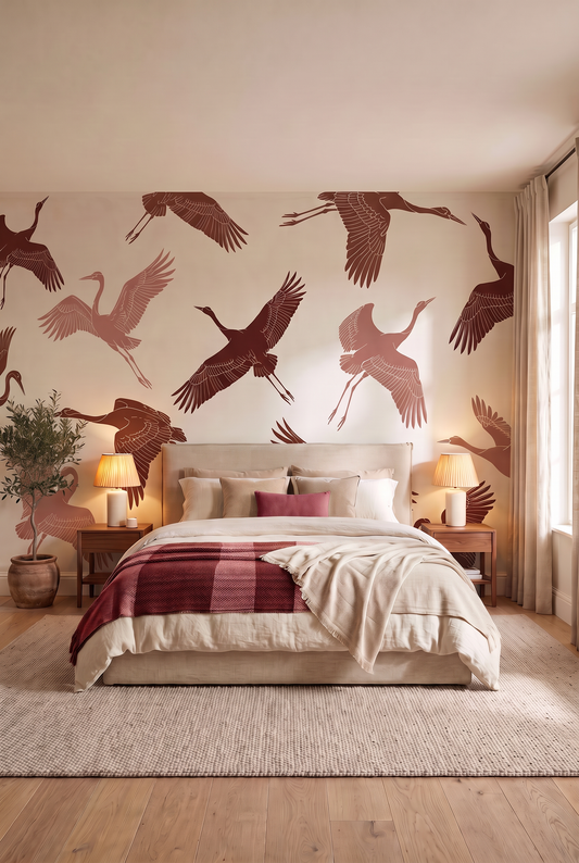 Kraanvogel behang in terracotta en roest op de hele muur achter een bed met linnen beddengoed en keramische lampen