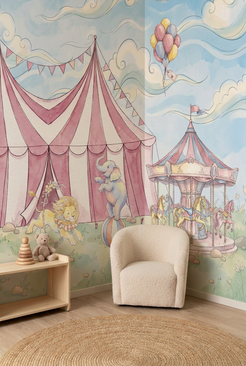 Behang Circus met roze circustent en carrousel op kinderkamermuur achter fauteuil