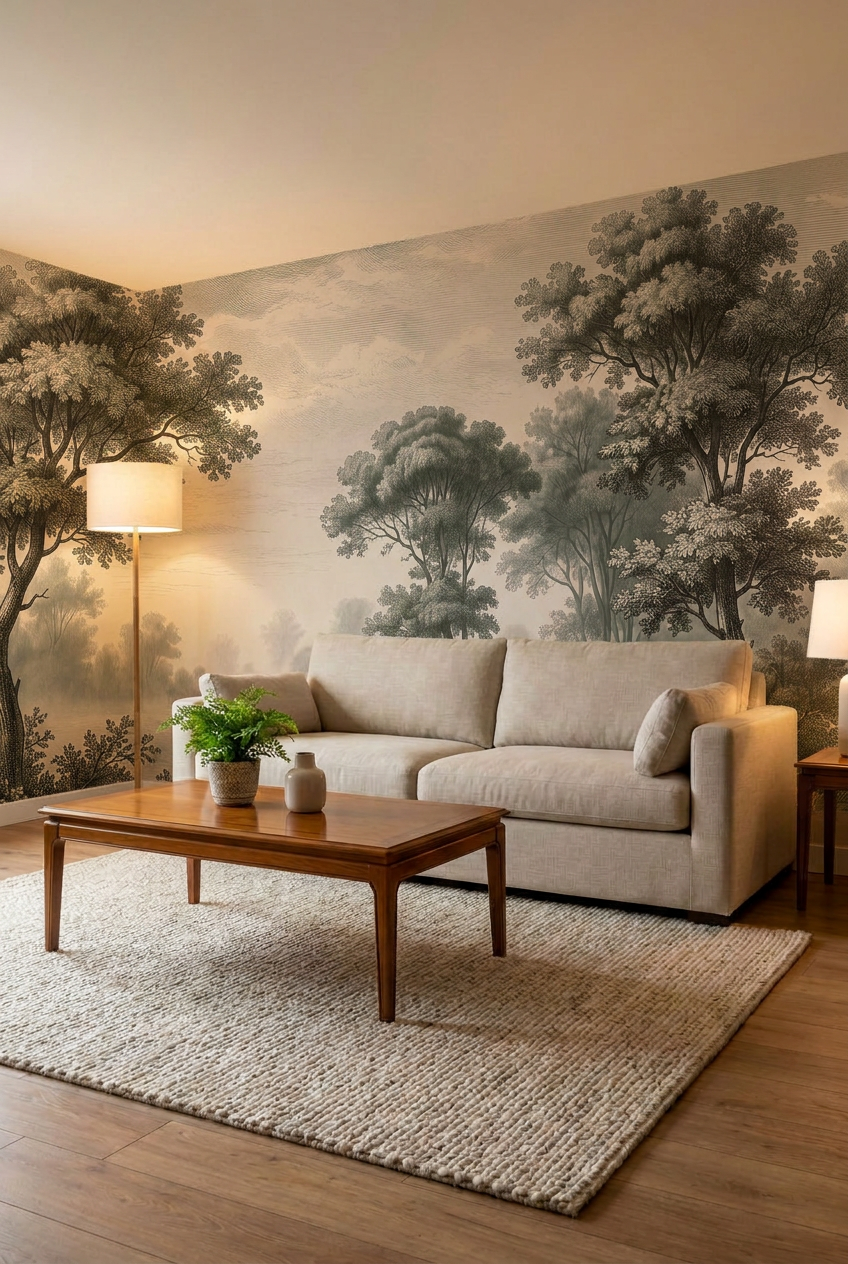 Behang Sepia Boslandschap Groen